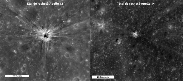 Etajul de rachetă al misiunii Apollo 13 și craterul format in Mare Cognitum. Etajul de rachetă al misiunii Apollo 14 și craterul format. Foto: NASA/GSFC/Arizona State University